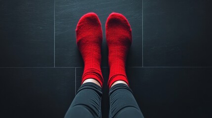 Person wearing red socks on dark floor. Ideal for fashion, warmth, or comfort themes.