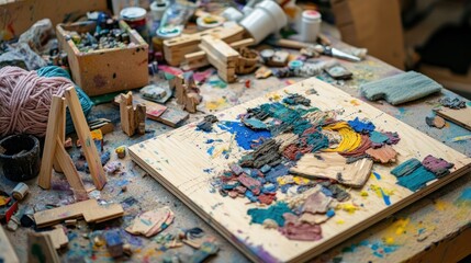 A colorful artist's workspace filled with paint, tools, and creative materials.