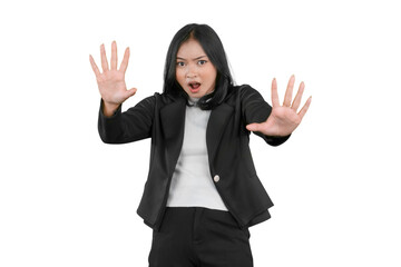Shocked Businesswoman Making Stop Gesture Isolated on White