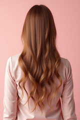 Fototapeta premium Back rear side photo of charming girl show perfect strong wellness hairstyle hairdo after hairdresser therapy coiffure have professional hair coloration isolated over pastel color background
