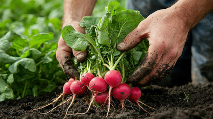 Hands of Farmers Holding Freshly Pulled Radishes from the Ground in Garden