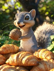 Obraz premium A cute squirrel holds a walnut near a pile of croissants. AI.
