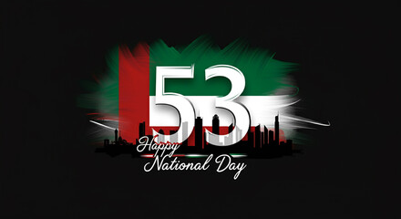 Vibrant poster design for the 53rd National Day featuring the city skyline in the background, celebrating national heritage and progress