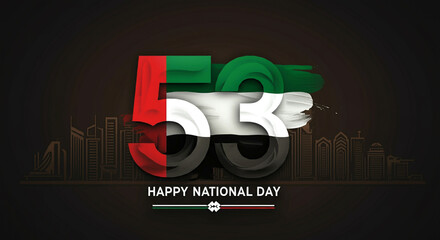 Creative graphic design celebrating the 53rd National Day, featuring bold numbers and national colors with festive elements
