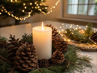 Serene Candle Glow with Pinecones and Holiday Lights