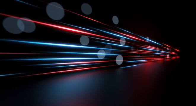 Blue and red light trails with floating white dots on a dark background, conveying a sense of high-speed motion