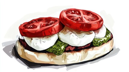 A delicious open-faced sandwich topped with fresh tomatoes, mozzarella, and pesto.