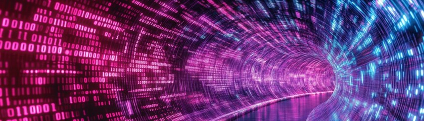 Exploring digital dynamicsdata visualization in a neon-coded tunnel virtual environment futuristic perspective