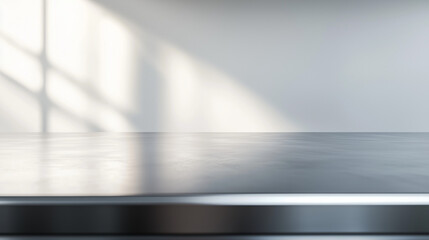 steel metal bench top with white blank space background and light through window