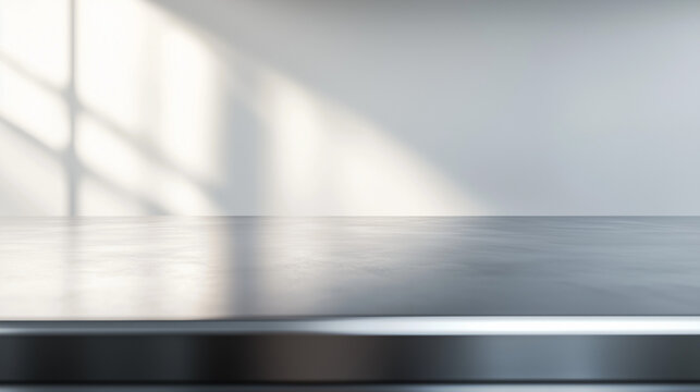 steel metal bench top with white blank space background and light through window