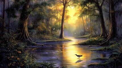 Fototapeta premium A tranquil river winding through a dense forest with the sun filtering through the trees