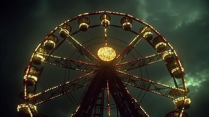Illuminated Ferris wheel at night under a stormy sky.