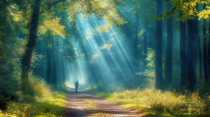 Obraz premium Sunbeams stream through lush forest, lone figure walks path. Perfect for peace, nature, solitude themes; evokes tranquility.