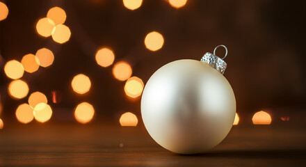 Fototapeta premium Close-up of a white holiday bauble with festive lights