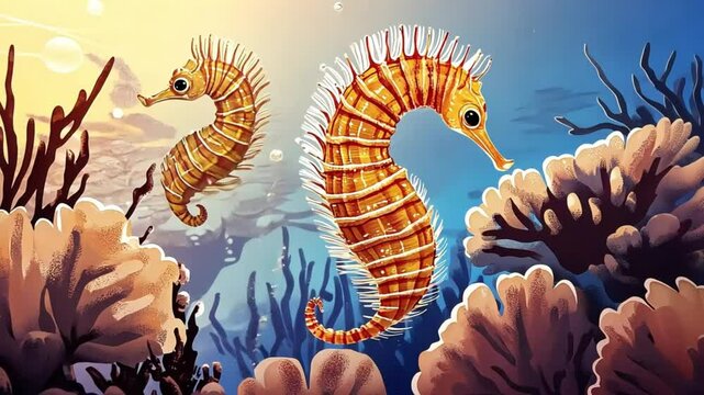 A stunning high quality vector graphic showcasing the tranquil beauty of an underwater scene, with graceful seahorses gliding among meticulously detailed coral reefs