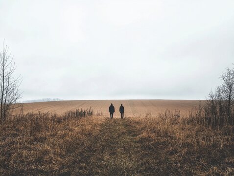 Two Figures in Vast Brown Field, Winter Landscape, Solitude, Distant Horizon