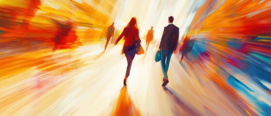 Fototapeta premium Vibrant Abstract Painting of People Walking in City Street, Motion Blur Effect