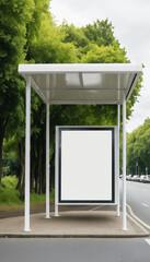 Mockup blank white outdoor banner on bus stop, featuring greenery at background