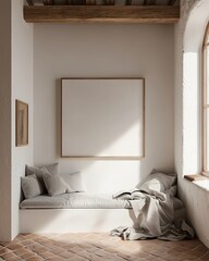 Cozy space with a white frame and window seat, complemented by warm lighting and soft tones.