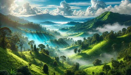 Lush green mountains stretch across the serene landscape, enveloped by white mist floating beneath the vibrant blue sky.