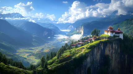 Fototapeta premium Artistic Exploration of Bhutan: Stunning Landscapes and Ancient Monasteries in a Sustainable Spiritual Haven