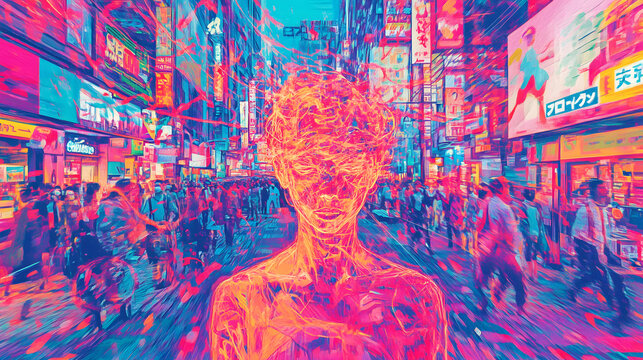 An Abstract Exploration of Sensitivity: A Woman's Emotional Landscape Amidst Chaotic Stimuli