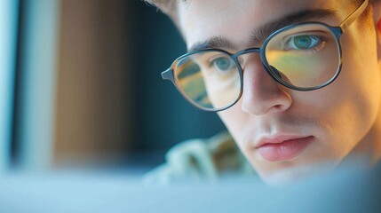 Fototapeta premium Young man focused on computer screen, working during afternoon light in a cozy indoor setting.