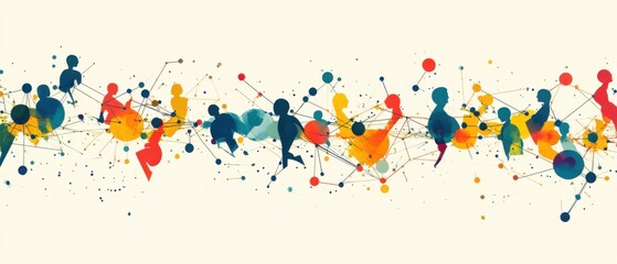 Abstract Network of Colorful People Silhouettes Connected by Lines and Dots