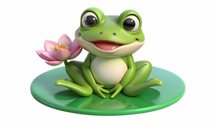 Fototapeta premium Animal A 3D cute frog mascot sitting on a lily pad, holding a flower, with a happy smile, isolated on a white background (2)