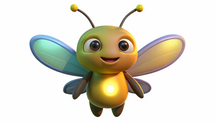 Animal A 3D cartoon firefly mascot glowing softly in the dark, isolated on a white background