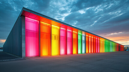 Fototapeta premium Container stack concept. Dramatic lighting over yard of multicolored containers at sunset