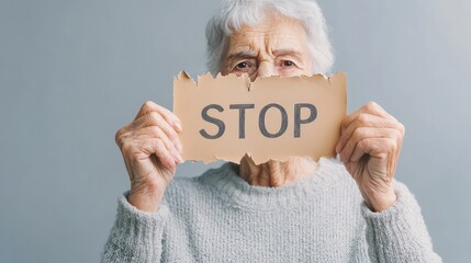 Portrait of Elderly Person Holding Torn 'STOP' Card, Highlighting the Impact of Abuse with Sad and Determined Expression
