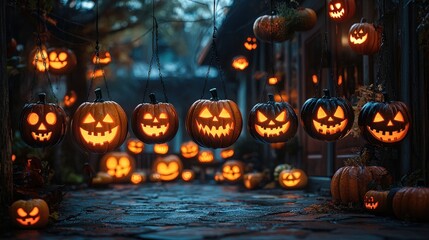 Fototapeta premium Delightful spooky Halloween door hangers adorned with carved pumpkins light up a charming autumn evening