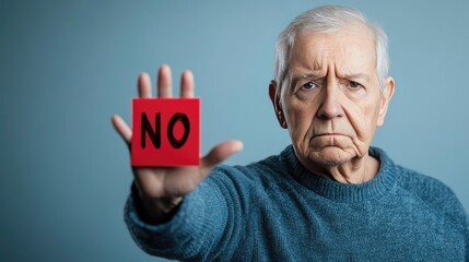 Elderly Protest Against Abuse: Close-Up Portrait of a Senior Defying Mistreatment with 'NO' Written on Palm in Dramatic Lighting