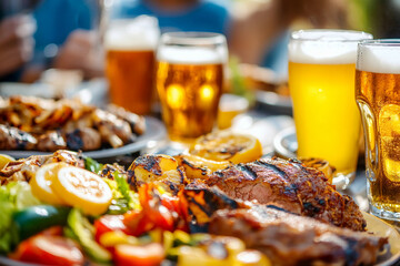 Enjoying a summer barbecue with grilled meat, fresh vegetables, and refreshing drinks at an outdoor gathering. Generative AI