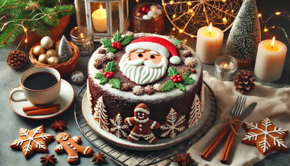 Fototapeta premium Christmas Chocolate Cake, Sweet and crispy cake style for winter holidays and Santa, realistic dessert illustration