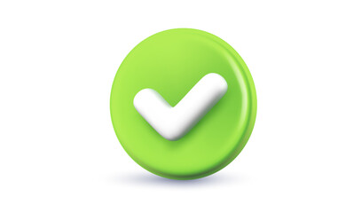 Vector illustration of green color circle with tick on white background. 3d cartoon style design of business checkmark icon. Checklist tick, done check mark. Symbol of correct and right choose