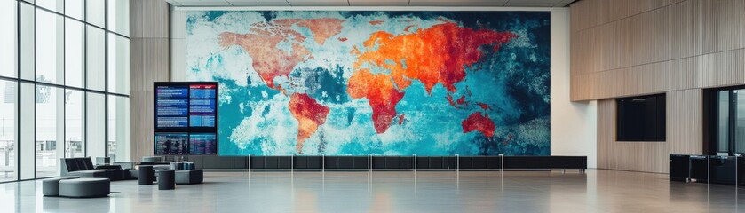 Global map mural installation in modern business office creative workspace contemporary design wide angle view art and geography concept
