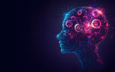 Digital human face silhouette made of glowing blue network connections, artificial intelligence