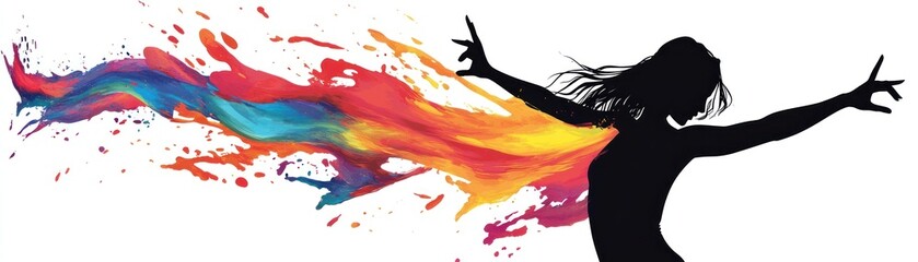 Obraz premium A silhouette of a dancer with colorful paint splashes symbolizing creativity and expression.