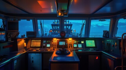 Ships Bridge Night Navigation Control Room Twilight Vessel Screens