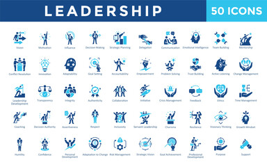 Leadership icons set with vision, motivation, influence, decision making, strategic planning, delegation, communication, emotional intelligence, team building, mentorship icon. Simple flat vector 
