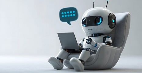 Friendly robot using laptop in modern orange chair, AI chatbot concept with speech bubbles