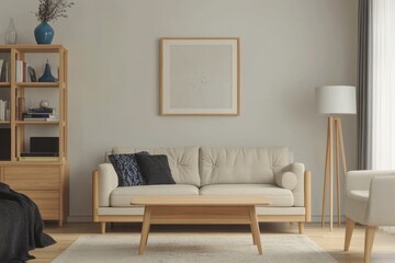 Light beige sofa in minimalist living room with wooden furniture and floor lamp.