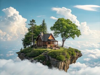 Obraz premium Whimsical Floating Island with Cozy Cabin Amidst Lush Trees and Fluffy Clouds