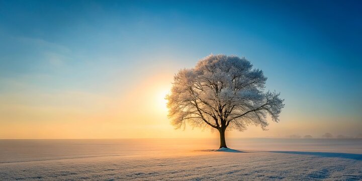 Serene Winter Sunrise A solitary frost-covered tree stands in a vast, snow-covered field as the sun rises, casting a warm golden glow across the landscape.
