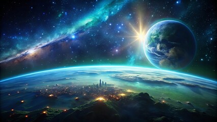 A Futuristic Cityscape on a Planet Viewed from Space with a Nebula and Distant Planet