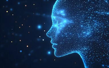 Obraz premium Digital human face silhouette made of glowing blue network connections, artificial intelligence