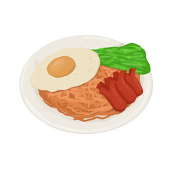 illustration of fried noodles topped with fried egg, vegetables and sausage