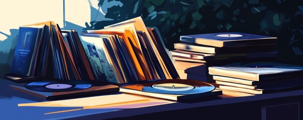 A vibrant collection of vinyl records stacked on a table, showcasing music culture.